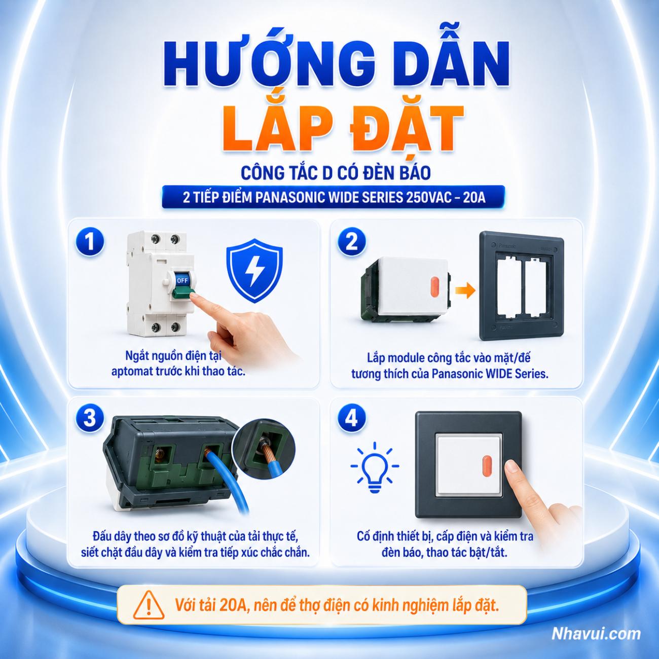 Công tắc D có đèn báo, 2 tiếp điểm Panasonic WIDE Series 250VAC – 20A